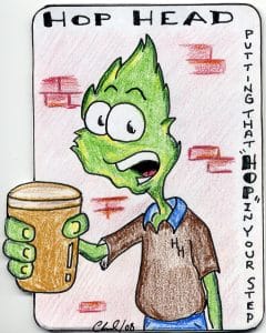 A cartoon figure of a hop "person" holding a pint