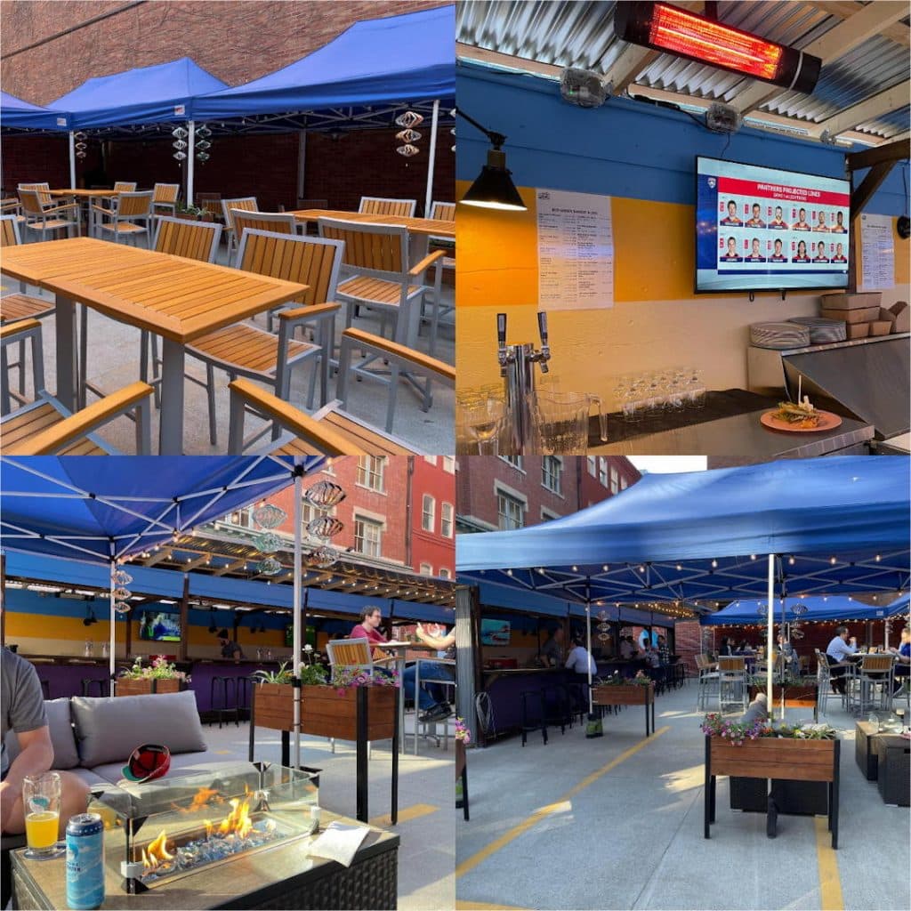 4 photos of the C'est What beer garden showing canopies, tables, a bar, a fire table, and planters