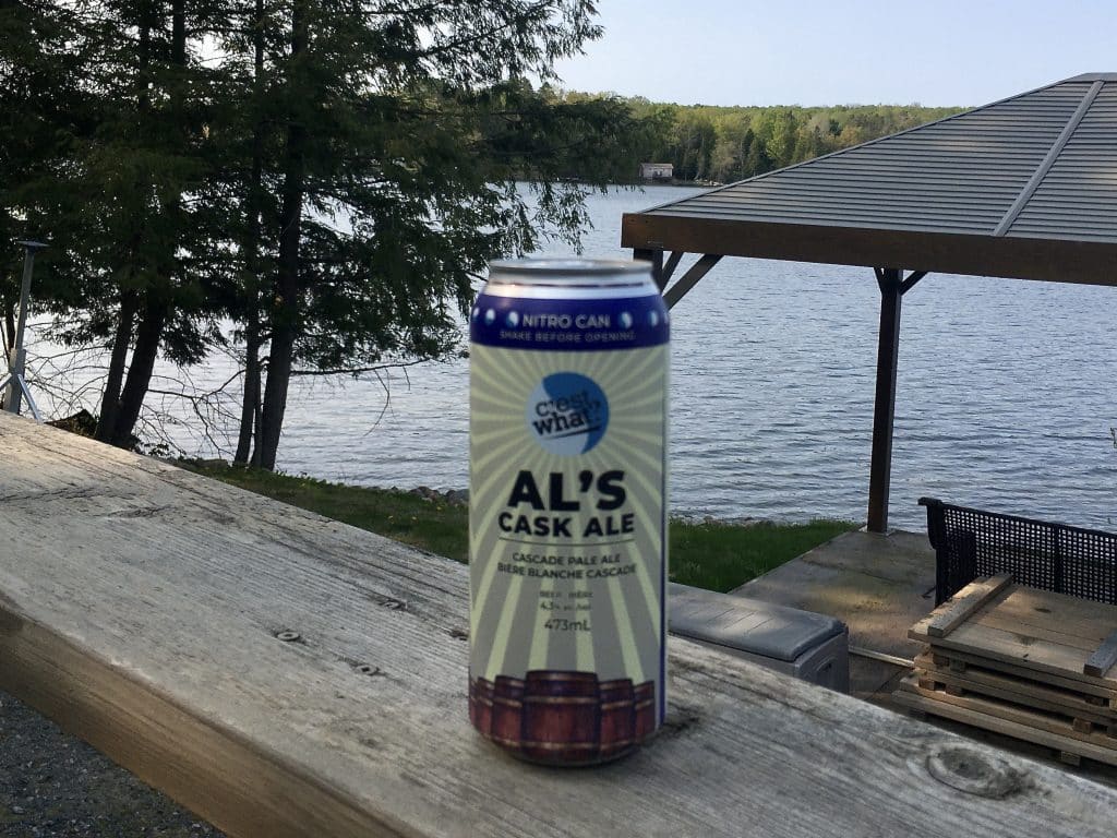 Can of Al's Cask Ale on a deck in Halliburton