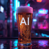 Beer glass labeled "AI" on a bar under neon lights