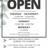 BEER GARDEN 94 THE ESPLANADE OPEN TUESDAY - SATURDAY 12:00 PM - 10:00 PM SUNDAY 12:00 PM - 8:00 PM MONDAY CLOSED Weather permitting: If the Beer Garden is closed please join us inside 67 Front St. East WE WILL OPEN INSIDE AT 4PM DURING THE SUMMER LIVE MUSIC WILL RETURN TO THE BEER GARDEN SOON! TO BOOK AN EVENT IN THE BEER GARDEN EMAIL EVENTS@CESTWHAT.COM